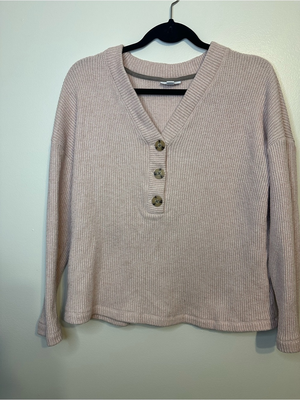 J Jill Women's V-Neck Waffle Knit Button Pullover Sweater - Blush